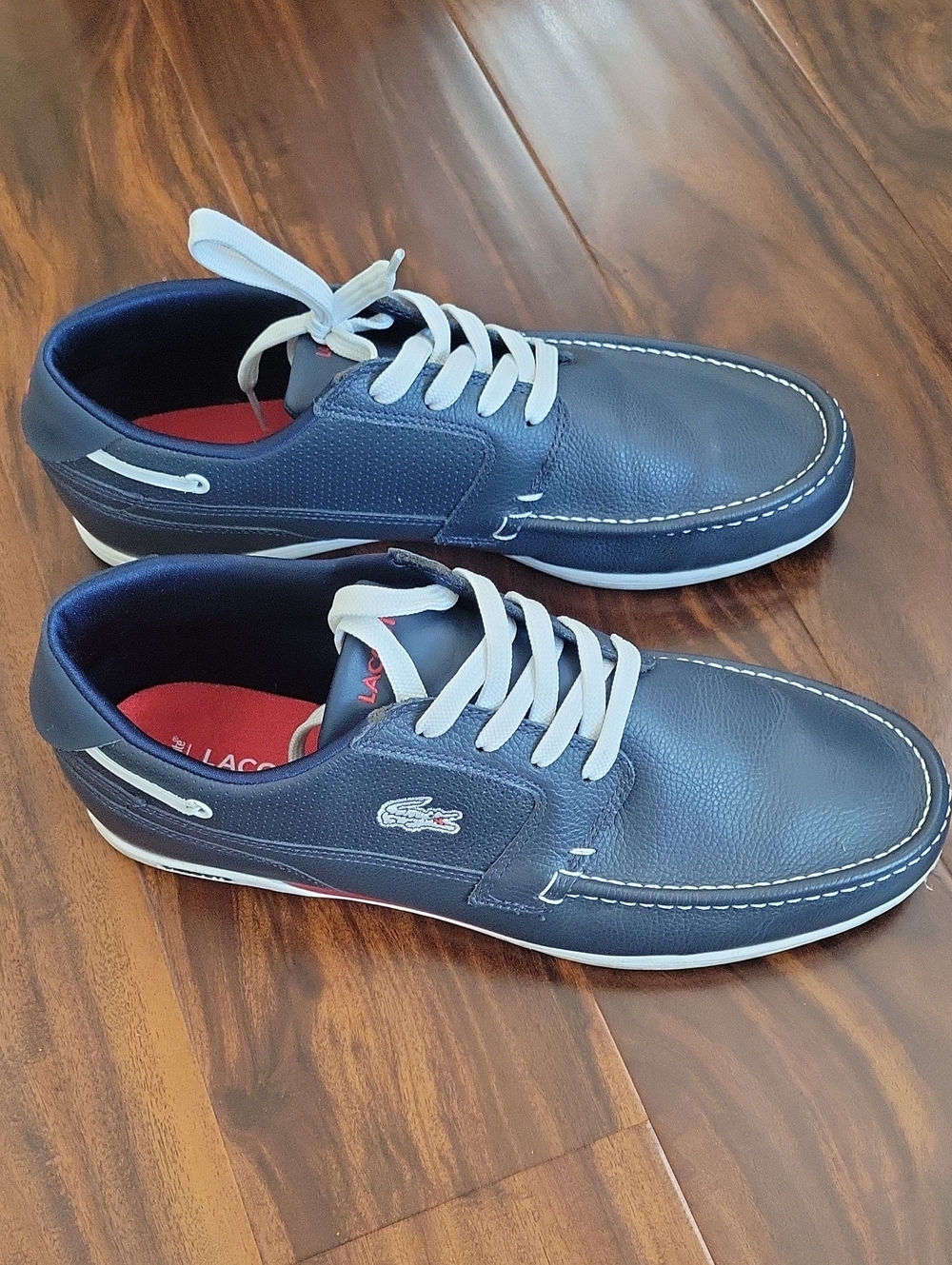 Lacoste Navy Leather Boat Shoes with White Laces